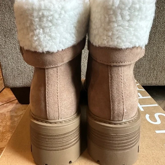 JustFab Tan Heeled Boots with Cream Fur Trim - Picture 7 of 13